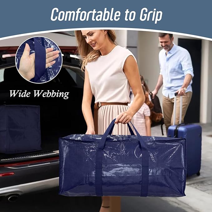 12 Pack Extra Heavy Duty Large Moving Bags with Strong Zipper & Comfortable Handles, Sturdy & Durable Clothes Storage Bags Totes Bins, Packing Moving Boxes for College Supplies, Dark Blue-NeatNest