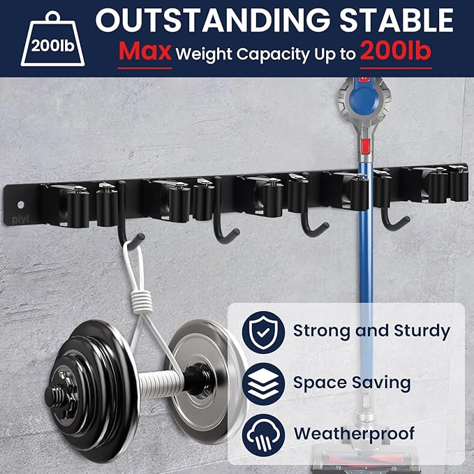 Piyl Mop and Broom Holder Wall Mount - 5 Racks and 4 Hooks Broom Hanger Mop Organizer Storage Tool Racks Stainless Steel Heavy Duty Utility Hooks for Home Kitchen Garden Laundry Garage Closet-NeatNest