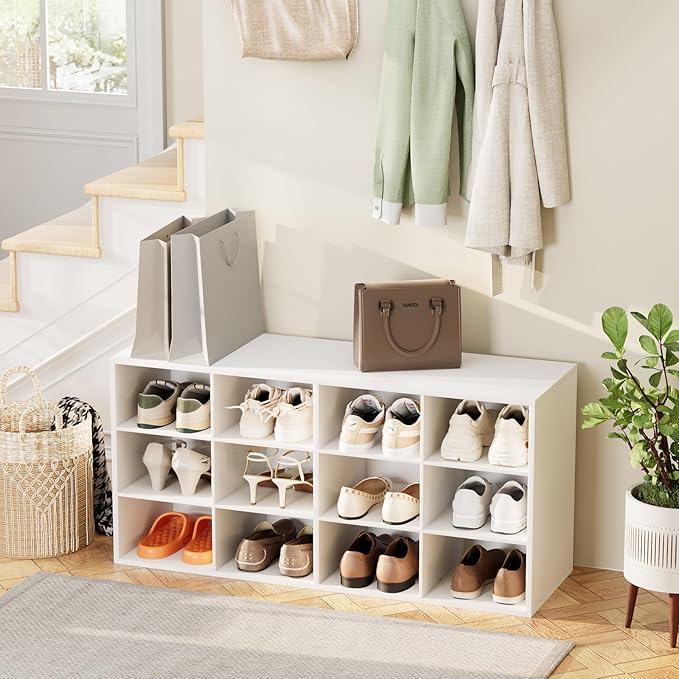 12-Cubby Shoe Rack, 3-Tier Wood Shoe Organizer, Multifunctional Shoe Organizer Bench for Entryway, Mudroom, Hallway, Closet,36.22 * 11.81 * 17.72 Inch,White-NeatNest
