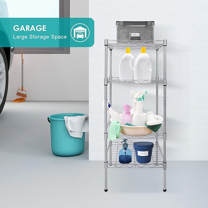 4 Tier Wire Shelving Unit, Height Adjustable Wire Shelves with 264 LBS Capacity, Metal Storage Rack Organizer for Laundry, Kitchen, Bathroom, Pantry, Closet (9.8"D x 13.7"W x 31.5"H, Silver)