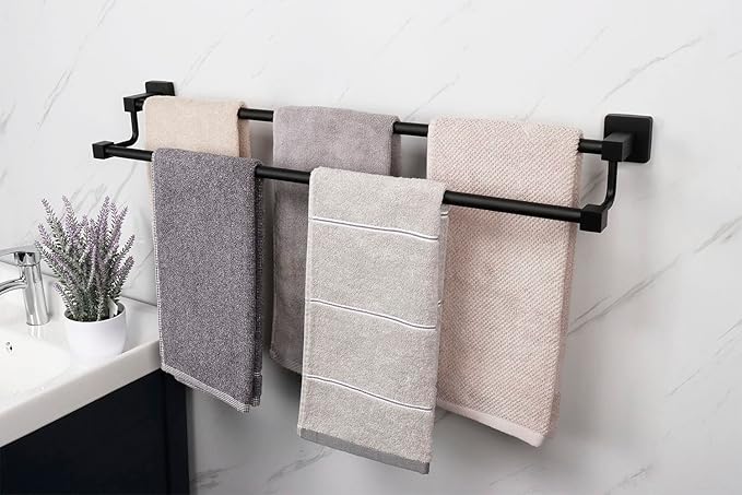 TocTen Double Bath Towel Bar - Thicken SUS304 Stainless Steel Towel Rack for Bathroom, Bathroom Accessories Double Towel Rod Heavy Duty Wall Mounted Square Towel Holder (Matte Black,30 INCH)