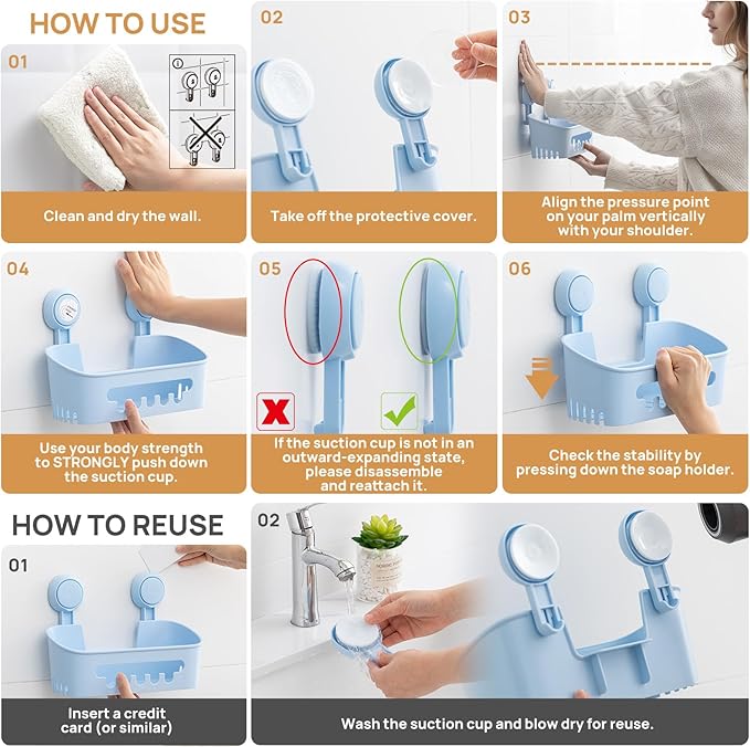 LEVERLOC Shower Caddy Suction Cup, Shower Organizer Removable Bathroom Shelf, Storage Suction Powerful Max Hold 22lbs Bathroom Caddy Waterproof Holder, Blue-NeatNest