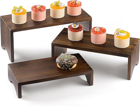 Acacia Wooden 3 Tier Cupcake Stand - Risers for Display for Food Buffet Risers and Stands – Food Stands for Display Party – Acacia Wooden Cupcake Stand - Set of 3 Size (Walnut Color)-NeatNest