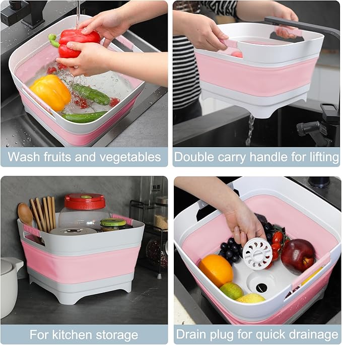 2.4 Gal Collapsible Wash Basin with Drain Plug, Space-Saving Portable Wash Tub, 9L Dish Pan for Soaking Baby Bottles and Pump Parts, Versatile Dish tub for Kitchen, RV, Outdoor Camping Sink (Pink)-NeatNest