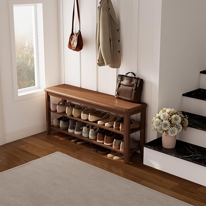Wood Shoe Rack Bench for Entryway, 2 Tier Shoe Rack for Front Door Entrance, Shoe Bench with Shoe Storage for Entryway, Bedroom, 47.2"-NeatNest