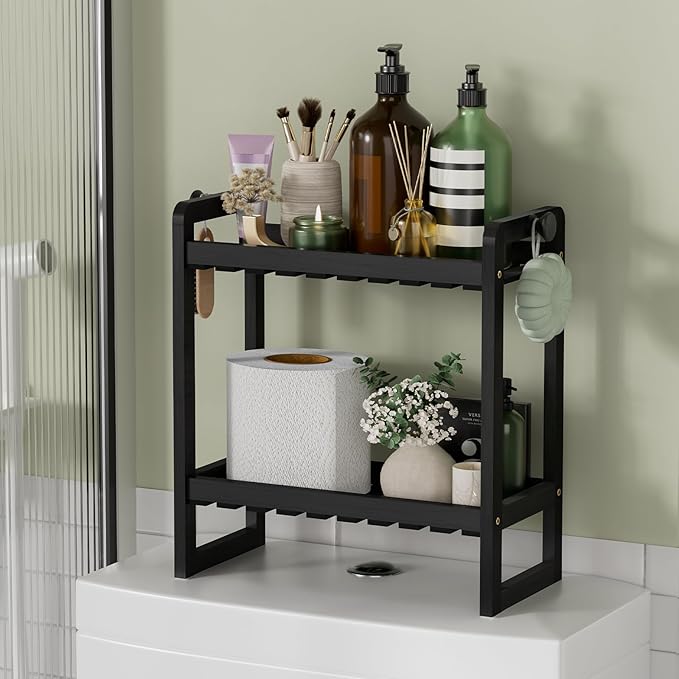AmazerBath Bamboo Over The Toilet Storage Shelf - 2-Tier Bathroom Organizers and Storage Shelves, 2 in 1 Dual Stable Above Over Toilet Bathrooms Shelf Home Storages Rack for Small Bathroom, Black-NeatNest