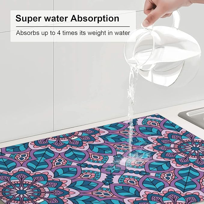 Boho Blue Purple Floral Pattern Dish Drying Mat 18x24 For Kitchen Counter Absorbent Microfiber Dishes Pad Dish Drainer Rack Mats Fast Dry Kitchen Accessories-NeatNest