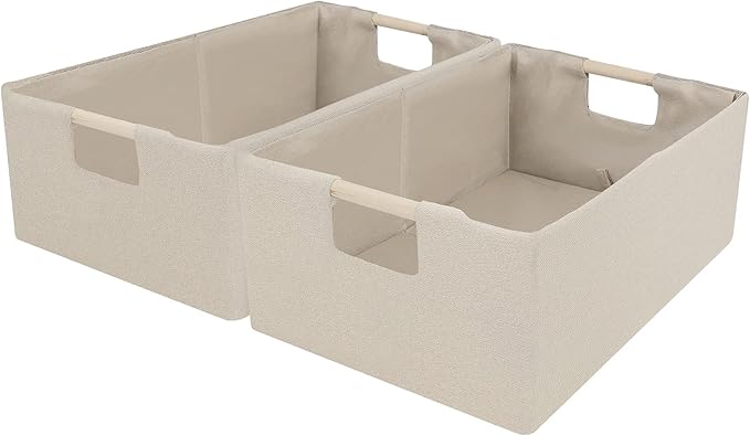 ANMINY 4PCS Storage Baskets for Organizing Collapsible Fabric Storage Bins Boxes with Wood Handles Closet Shelves Cube Organizer Bins Clothes Laundry Storage Container - Large, Beige-NeatNest