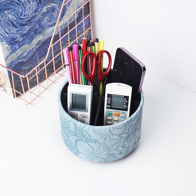 Hennaja Round Leather Art Supply Organizer,Remote Control Holder,360 Degree Spinning,Multi-Functional Pencil Holder,4 Compartments Desktop Stationary Organizer(1-Carved Light Blue)-NeatNest