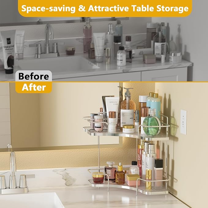 FOLLOWIN 2 Tier Bathroom Countertop Corner Organizer,Countertop Perfume Tray,Vanity Counter Shelf,Skincare Makeup Cosmetic Vanity Organizers,Silver-NeatNest