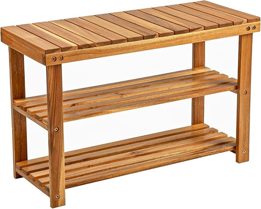 BEEFURNI Acacia Shoe Rack Bench, 3-Tier Sturdy Shoe Storage Bench, Wooden Footwear Organizer, 300 LBS Load Capacity, Perfect for Closet Entryway Bathroom, 1-Year Manufacturer Warranty, Natural Acacia-NeatNest