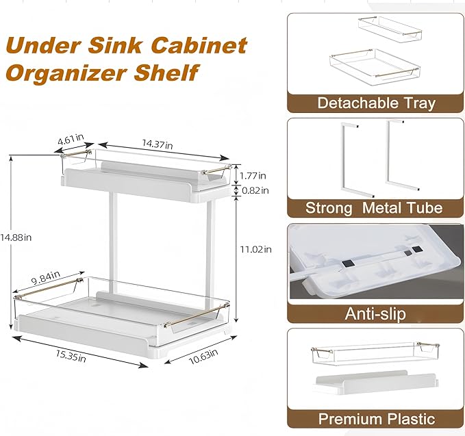 heart & home 1-Pack Under Sink Storage Organizer for Kitchen & Bathroom Cabinets with Removable Washable Tray, Tool-Free Assembly – Multi-Purpose for Kitchen Countertop, Vanity, & Laundry Room，White-NeatNest