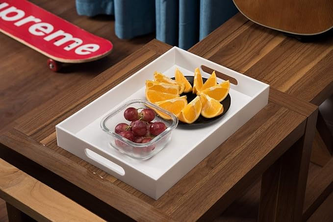 Glossy White Sturdy Acrylic Serving Tray with Handles-10x15Inch-Serving Coffee Appetizer Breakfast Butler-Kitchen Countertop-Makeup Drawer Organizer-Vanity Table Tray-Ottoman Tray-NeatNest
