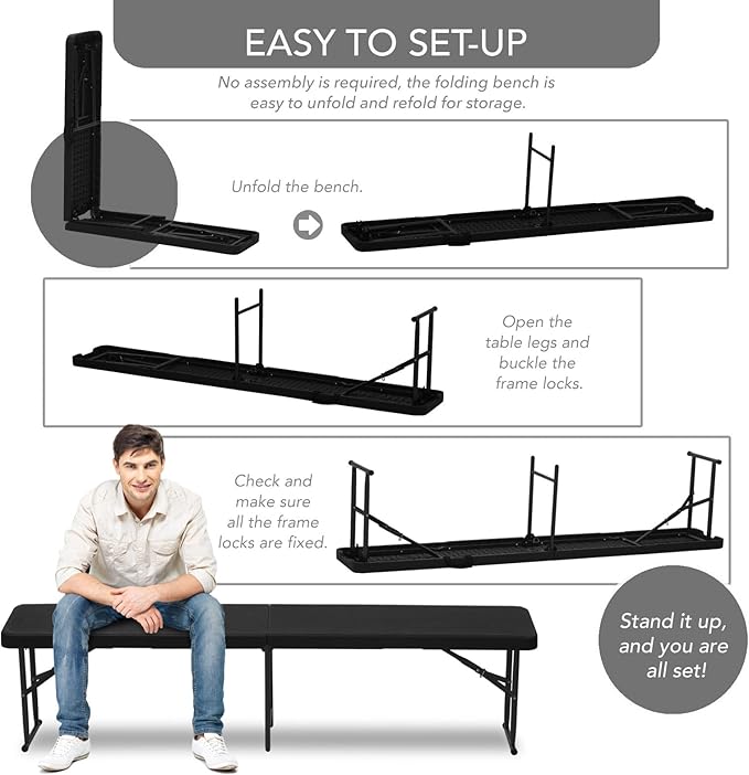 AJP Distributors 2 Pack 6 Foot Portable Plastic Folding Bench 6FT 72" Half Foldable Heavy Duty Seat w/Carry Handle - Indoor Outdoor Backyard Camping Picnic BBQ Party Wedding Dining Event Meeting Black-NeatNest