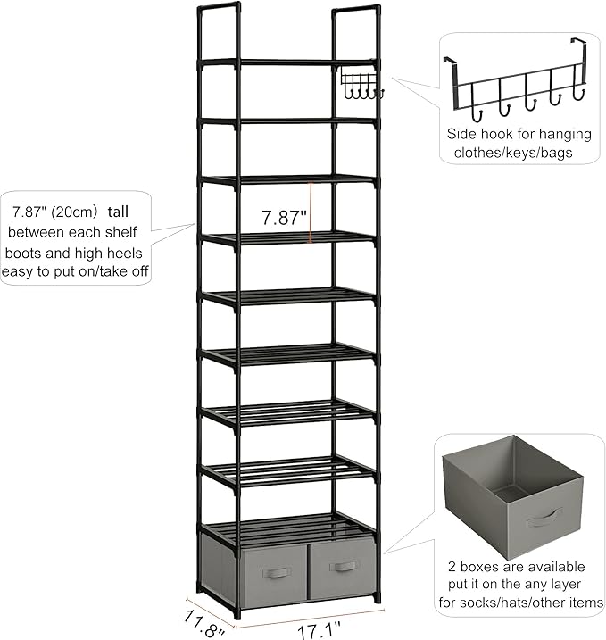 Tall Shoe Rack Narrow 10 Tier Shoes Rack 20 25 Pairs, Shoe Storage Organizer for Closet, Sturdy Metal Shoe Shelf Shoe Stand with 2 Boxes 1 Hook-NeatNest
