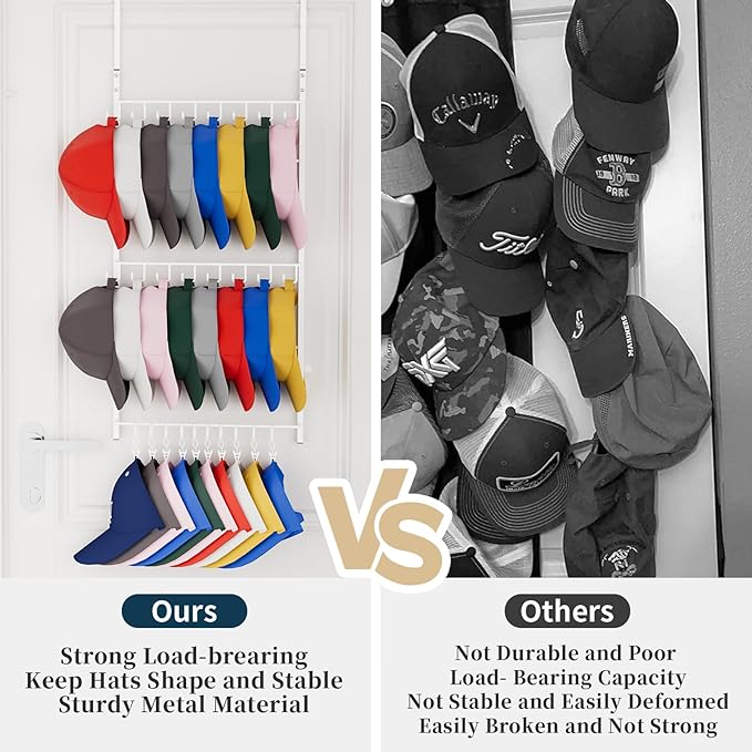 Consumest Over Door Hat Organizer - 3 Tier Wall Mounted Hat Rack with 16 Hooks and 10 Movable Clips, Hanging Baseball Cap Storage Holds up to 26 Caps for Door, Bedroom, Closet USPTO Patent Pending-NeatNest