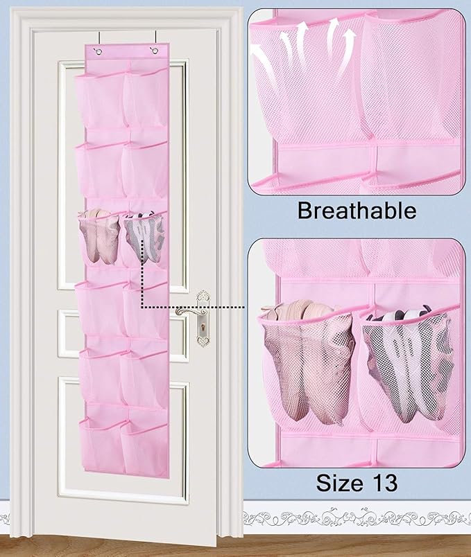 MISSLO Kids Over the Door Shoe Organizer Baby Hanging Shoe Rack Narrow Closet Storage bags with 12 Mesh Pockets for Girl Women Men Toddler Nursery, 2 Packs, Pink-NeatNest