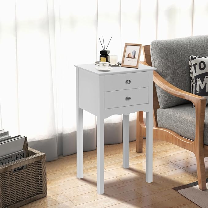 Giantex End Table w/ 2 Drawers Side Table Nightstand Multi-Purpose Accent Table Living Room Bedroom Home Furniture (1, White)
