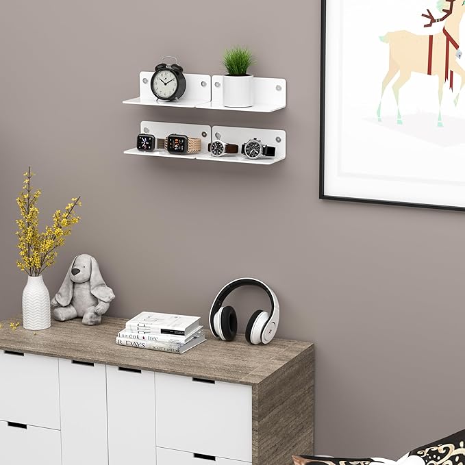 8 Inches White Small Shelves Acrylic, Wall Shelves for Living Room Décor, Bedroom, Bathroom, Kitchen, Dining Room, Brand Store, 2 Pack-NeatNest