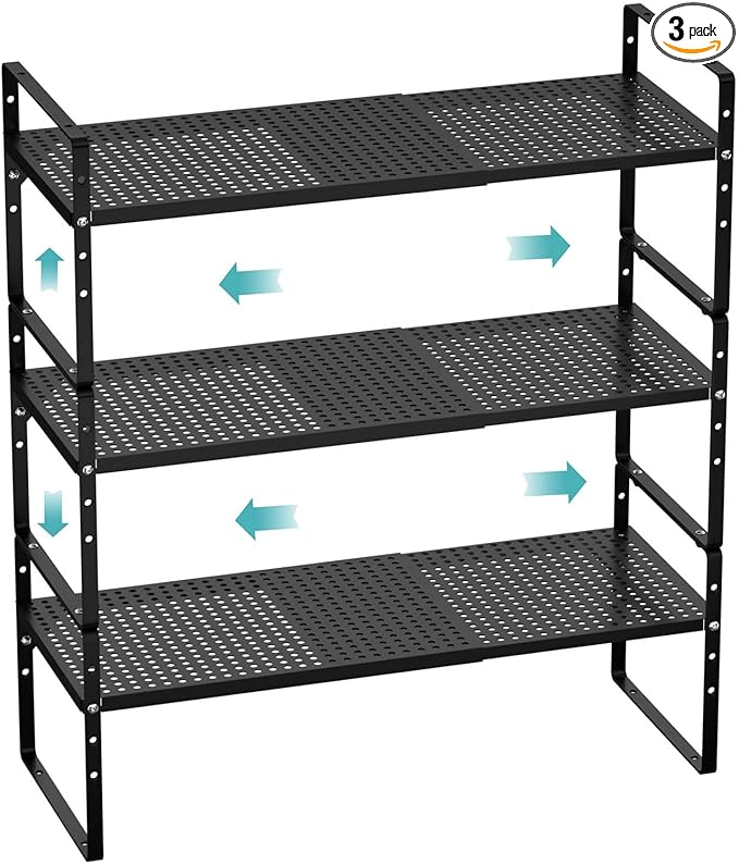 Cabinet Organizer Shelves,Expandable Spice Racks,Stackable Pantry Counter Under Sink Shelves,Storage Shelves for Kitchen Home Office,Black,3 Packs-NeatNest