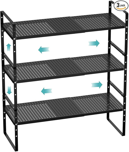 Cabinet Organizer Shelves,Expandable Spice Racks,Stackable Pantry Counter Under Sink Shelves,Storage Shelves for Kitchen Home Office,Black,3 Packs-NeatNest