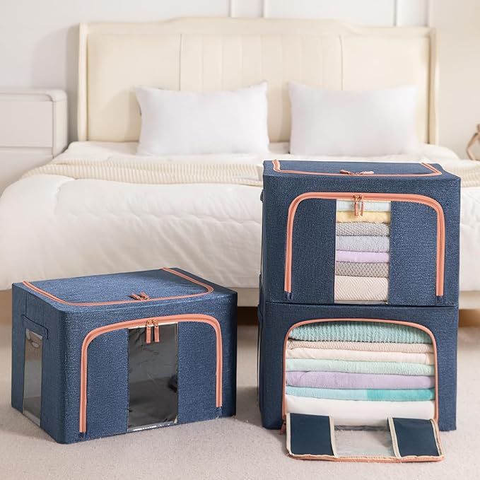 100L Stackable Clothes Storage Bins with Metal Frame Handles & Zipper, Collapsible Closet Organizer Box with Lid for Bedding Blankets Towel (Navy,1 pack)-NeatNest