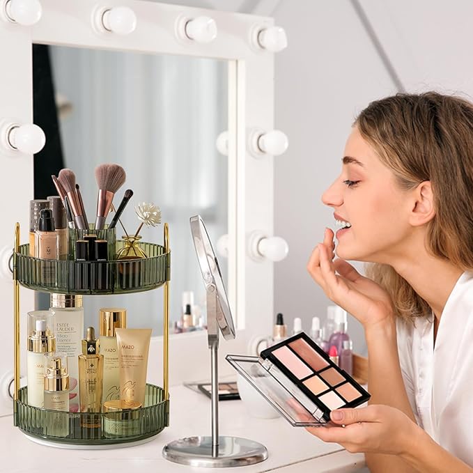 Rotating Makeup Organizer for Vanity, High-Capacity Skincare Clear Make Up Storage Perfume Organizers Cosmetic Dresser Organizer Countertop 360 Spinning (Green, New-2 Tier)-NeatNest