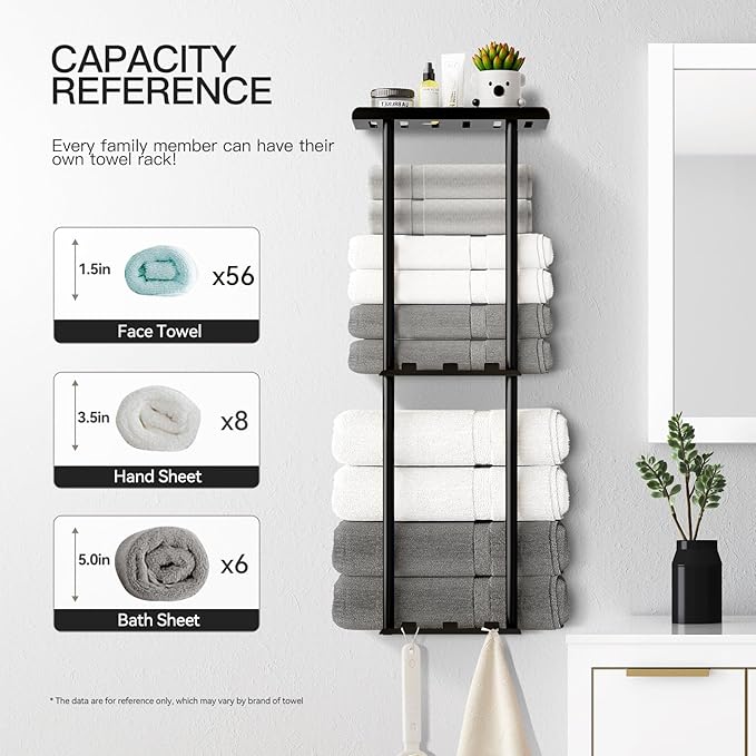 Towel Racks for Bathroom, 3 Tier Metal Towel Holder, with Shelf & 6 Hooks, 29 inch Wall Mounted Towel Storage, 6 Large Bath Towels Capacity,Small Bathroom Towel Rack for Rolled Towels, Black