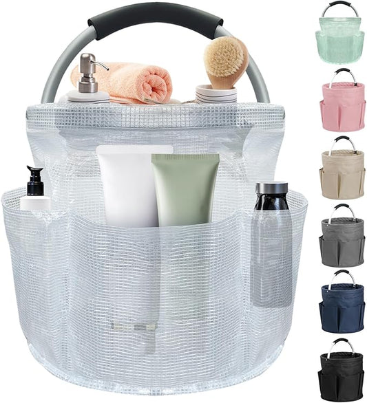 17L Portable Shower Caddy with Handle, Foldable Cleaning Supply Caddy in PVC Resin, Picnic Basket with 6 Side Pockets, Multifunctional Storage Basket for Bathroom, Picnics, Transparent-NeatNest
