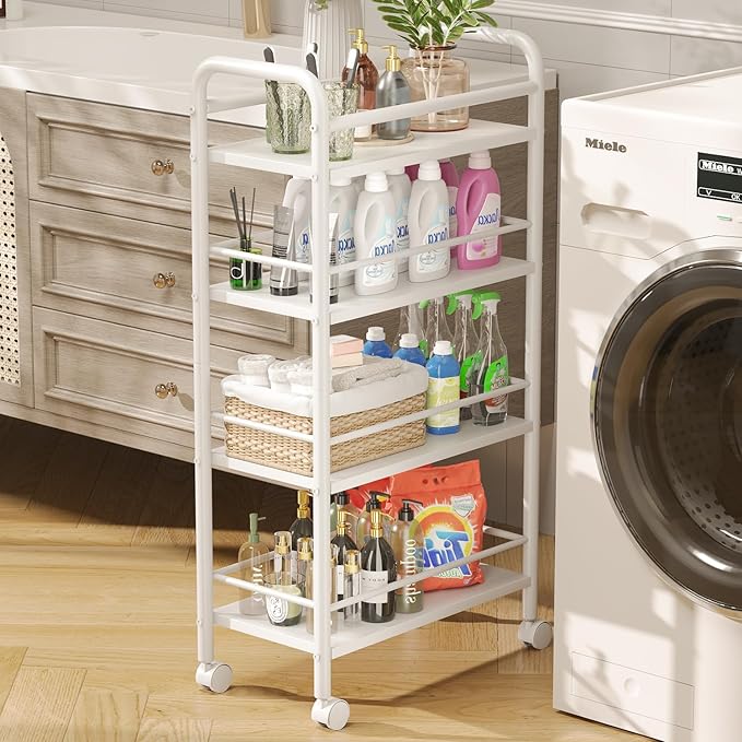 Slim Storage Cart, 4 Tier Small Rolling Bathroom cart Metal and Wood Skinny Utility Cart on Wheels for Narrow Kitchen Laundry Room White