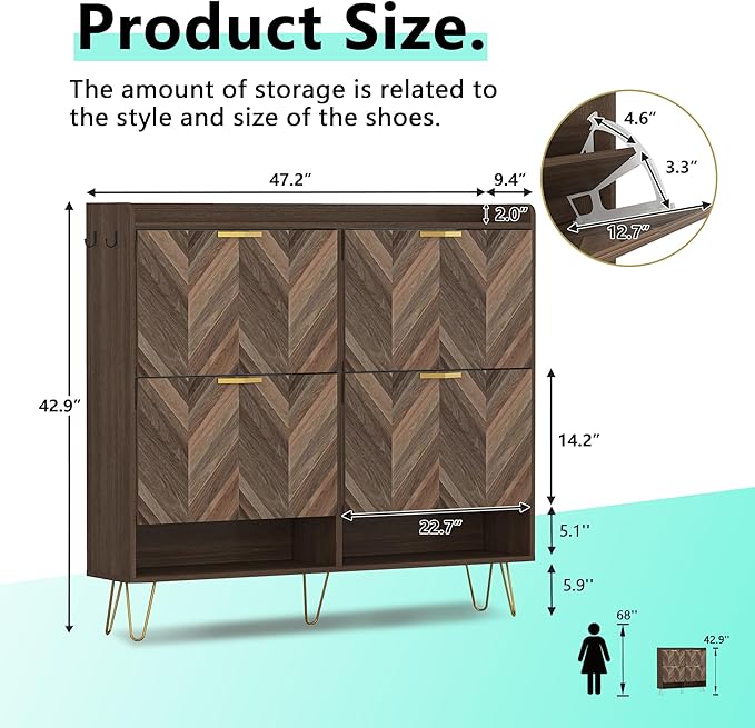 Vibe & Dine 4 Flip Drawer Shoe Cabinet, Mid Century Modern Shoe Organizer with Bottom Cubby, Hidden Shoe Cabinet with 2 Hooks, Freestanding Narrow Slim Shoe Rack Cabinet for Entryway, Foyer, Hallway-NeatNest
