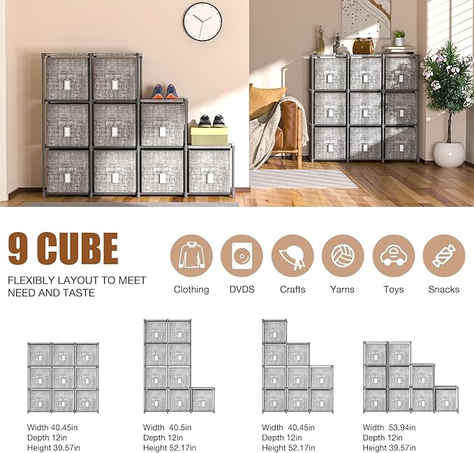 9 Cube Closet Organizer with Beautiful Printed Drawers + Labels, Storage Shelf, Toy Cubby Organizer-NeatNest