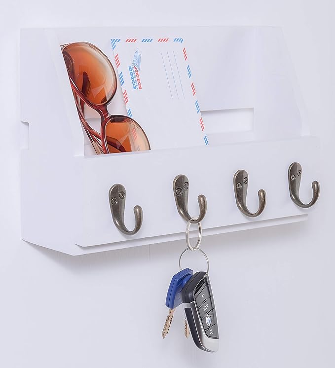 Flintar Wall Mounted Key and Mail Holder with 4 Hooks. Made of Solid Wood. Use as Key Rack, Entryway or Mudroom Organizer, Mail Sorter, Magazine Holder, Bill Sorter, Rustic Home Décor (White)