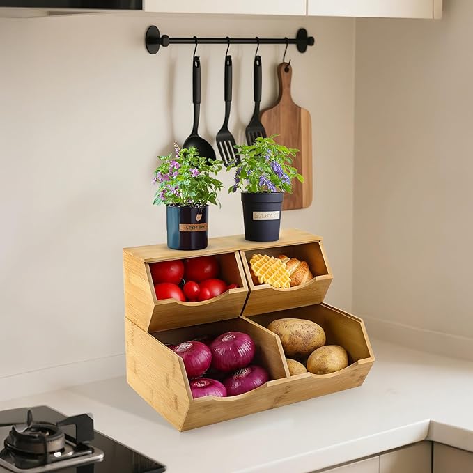 Bamboo Pantry Storage Bins with Lid - Stackable Baskets, Potato and Onion Storage, Wood Storage Bins for Pantry Baskets Organization and Storage, Kitchen Essential, Set 3 Pieces