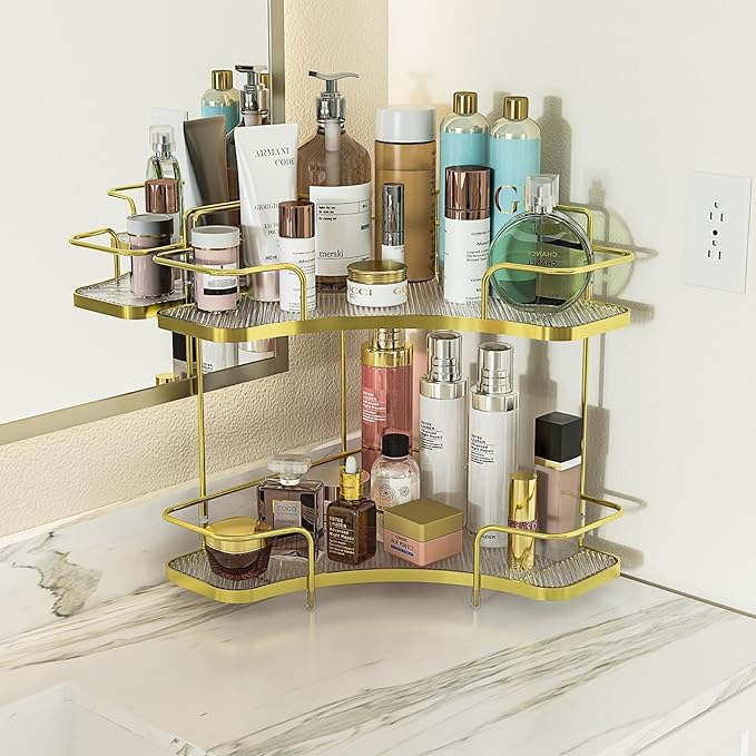 FOLLOWIN 2 Tier Bathroom Corner Countertop Organizer,Make Up Organizers and Storage,Corner Counter Shelf,Skincare Makeup Cosmetic Vanity Lotion Perfume Organizers Holder,Shine Gold-NeatNest
