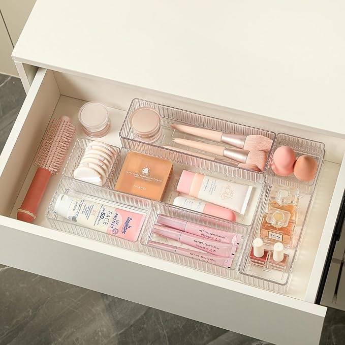 Clear Drawer Organizer Bins 7 pc Set, 4-Size Stackable Trays for Makeup Vanity Drawers, Bathroom Drawer Organizer Storage Containers for Cosmetic, Office Supplies-NeatNest