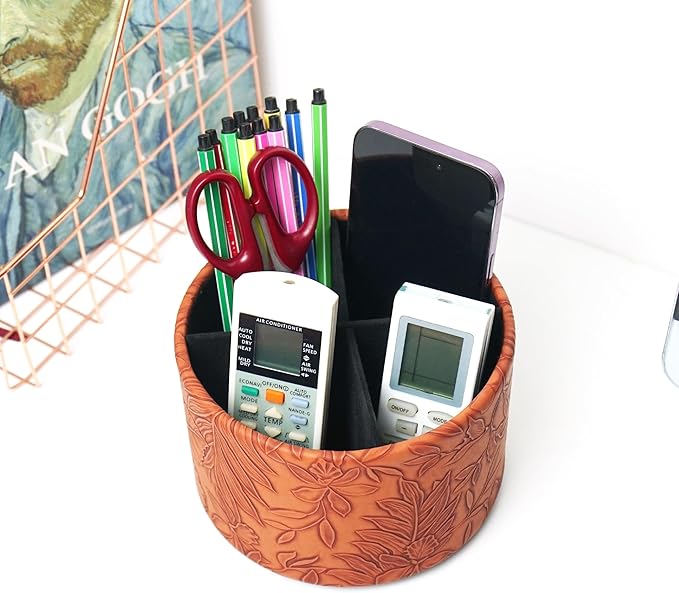 Hennaja Round Leather Art Supply Organizer,Remote Control Holder,360 Degree Spinning,Multi-Functional Pencil Holder,4 Compartments Desktop Stationary Organizer(1-Carved Brown)-NeatNest