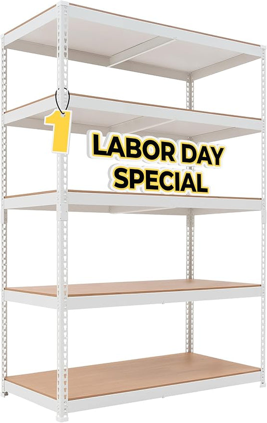 HOMEDANT White 5 Tier Laminated Boltless Heavy Duty Garage Storage Adjustable Wide Size Metal Shelving Unit Utility Rack Shelves Organization Shelf Shed Warehouse 47.7" W x 24.1" D x 71.3" H 1Pack-NeatNest