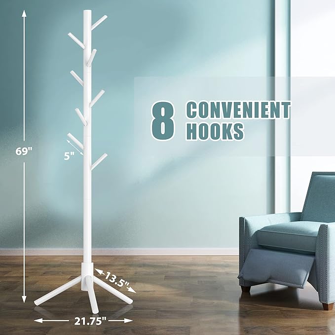 Haddockway Wooden Coat Rack Stand with 8 Hooks New Zealand Pine 3 Adjustable Coat Standing Tree Easy Assembly for Coats, Hats, Scarves and Handbags for Entryway, Hallway, Bedroom, Office,2 PCS-NeatNest