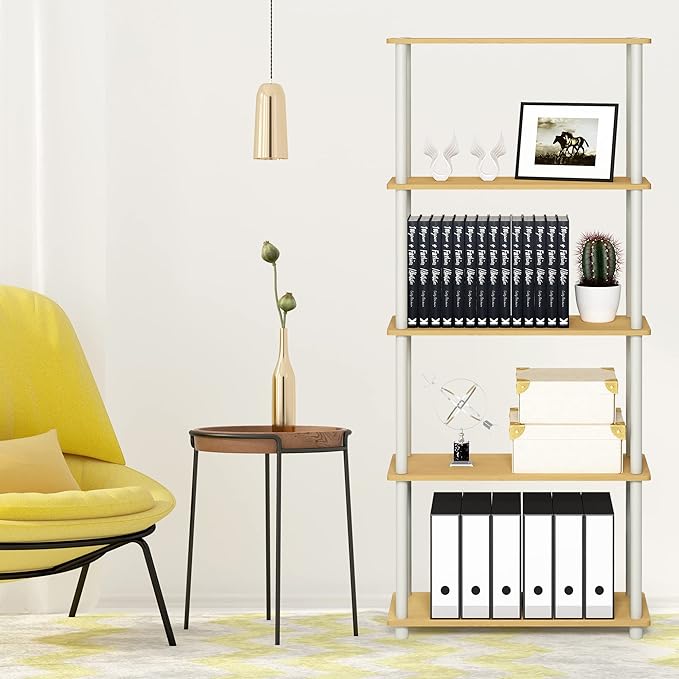 Furinno Turn-N-Tube 5-Tier Multipurpose Shelf / Display Rack / Storage Shelf / Bookshelf, Round Tubes, Beech/White-NeatNest