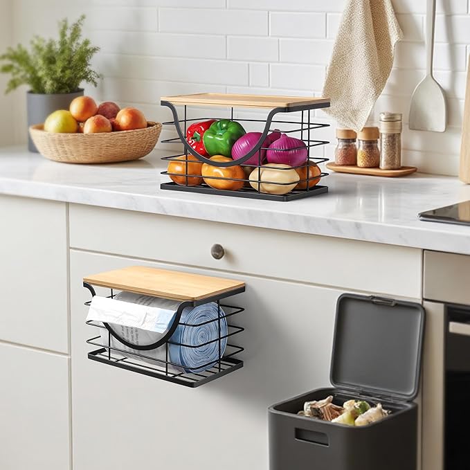 Extra Large Trash Bag Holder Under Sink 2 Pack Stackable Kitchen Storage with Bamboo Lid, Garbage Bag Dispenser Roll Holder, Pantry Organizers Wall Mounted Laundry Room Organization Storage-NeatNest