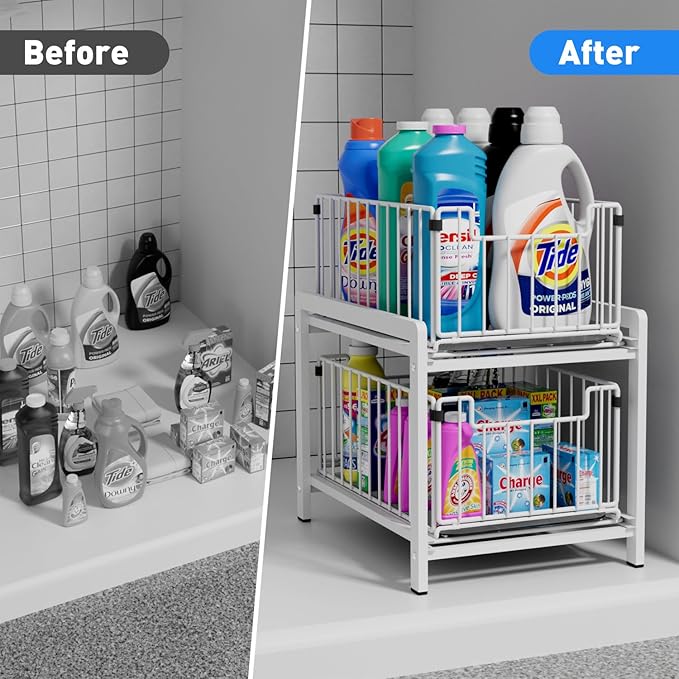 2 Tier Sliding Basket Drawer Organizer, Pull Out Under Sink Cabinets Organizers, Metal Home Shelf for Bathroom or Kitchen, Sliding Countertop or Pantry Storage Shelf, Large White-NeatNest