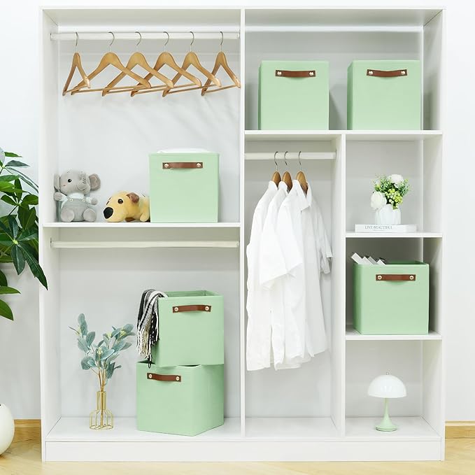 6-Pack Collapsible Fabric Storage Cubes with Handles & Label Holders, Closet Cube Home Organizer Bins (Sage Green, 10.5 * 10.5 * 11 inch)