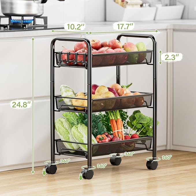 JANE EYRE 3-Tier Rolling Utility Storage Rack Cart on Wheels, Trolley Craft cart, Multi-Purpose Organizer Shelf, Black-NeatNest