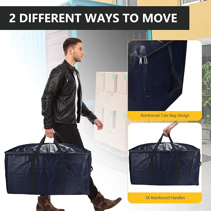 Extra Large Storage Bags Set Heavy Duty Moving Totes with Handles, Waterproof Dual-Durable Storage Totes For Space-Saving Moves, (Dark Blue, 12 Park-2 Moving bag & 10 Vacuum Seal Bags)