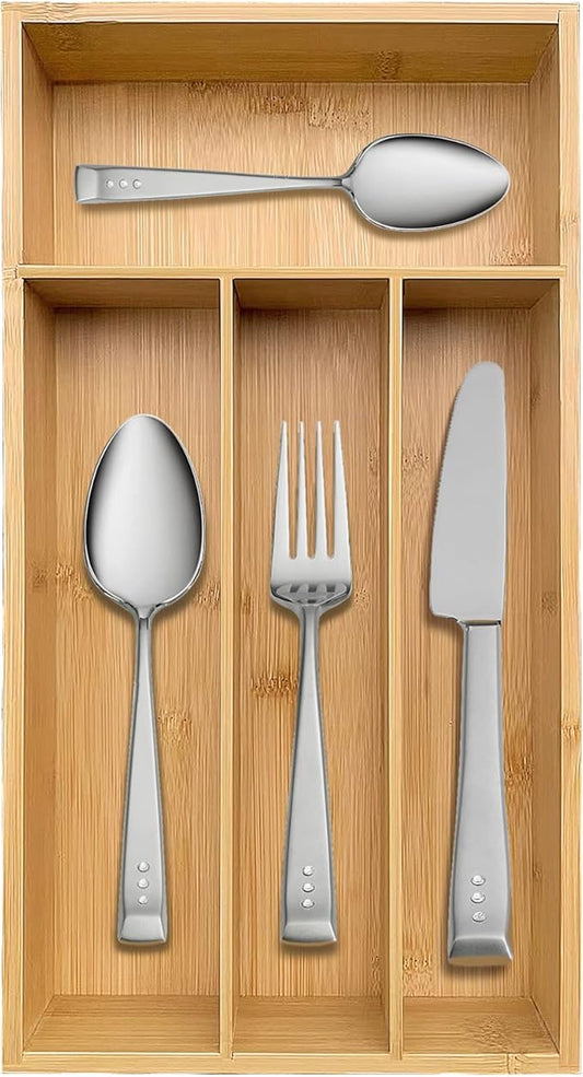 Bamboo Silverware Organizer, Kitchen Drawer Organizer, Silverware Utensil Tray Holder for Flatware Cutlery Knives, Forks, Spoons (4-Slots) (Natural)-NeatNest