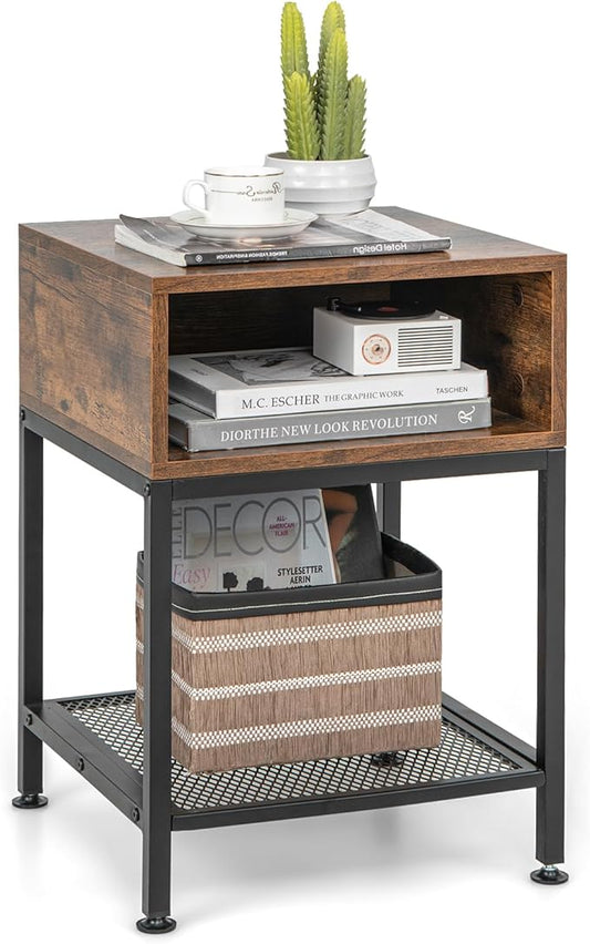 Giantex 2-Tier Side Table, Industrial End Table with Open and Mesh Storage Shelf, Stable Metal Frame, Telephone Table for Small Space, Bedside Table Night Stand for Living Room Bedroom, Rustic Brown