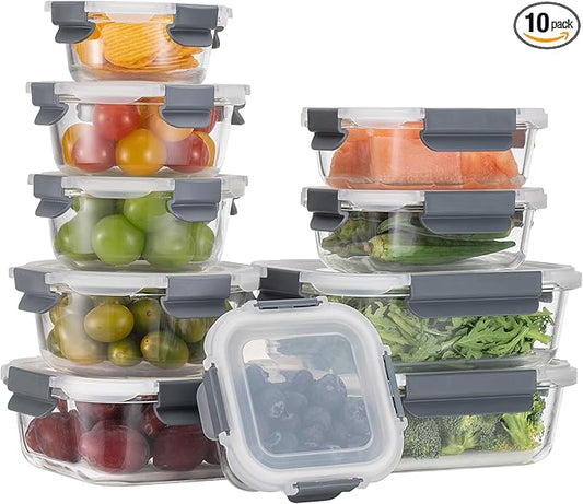 GC [10-Pack] Glass Meal Prep Containers with Lids, Food Storage Containers with Snap Locking Lids, Airtight Lunch Containers, Microwave, Oven, Freezer and Dishwasher