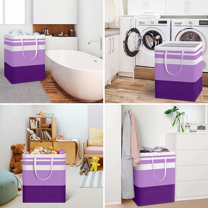 HomeHacks 2 Pack Large Laundry Baskets, Waterproof, Freestanding Laundry Hampers, Collapsible Clothes Hamper with Reinforced Handles in Laundry, College Dorm, Bathroom, Bedroom (Purple, 125Lx2)-NeatNest