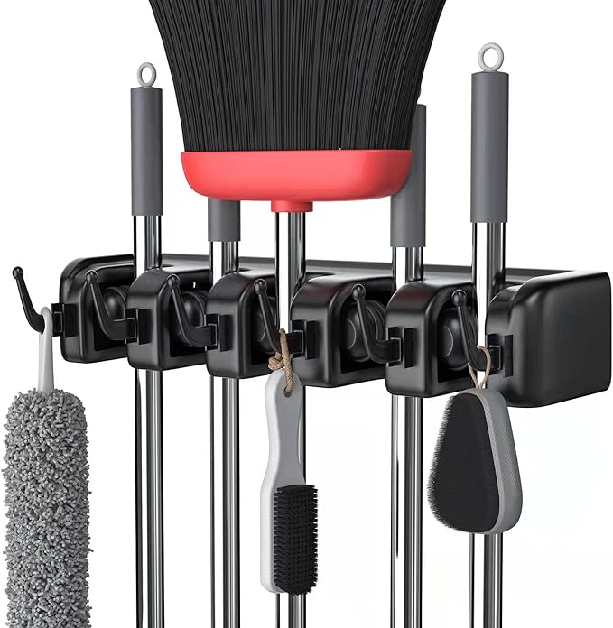 LETMY Broom Holder Wall Mount - Mop and Broom Hanger Holder - Garage Storage Rack & Garden Tool Organizer - 5 Position 6 Hooks Broom Rack for Home, kitchen, Garden, Tools, Garage Organization - Black-NeatNest